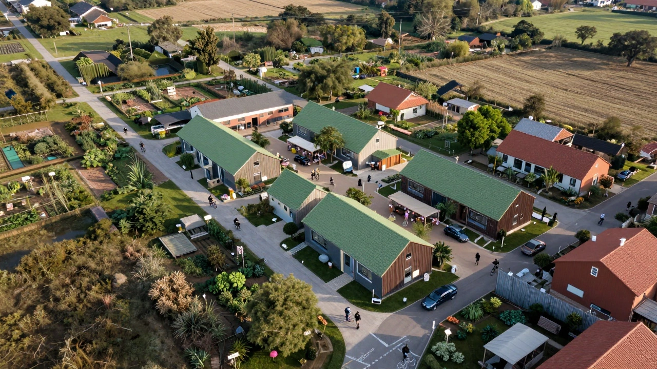 Aerial view of sustainable village with bike paths and markets