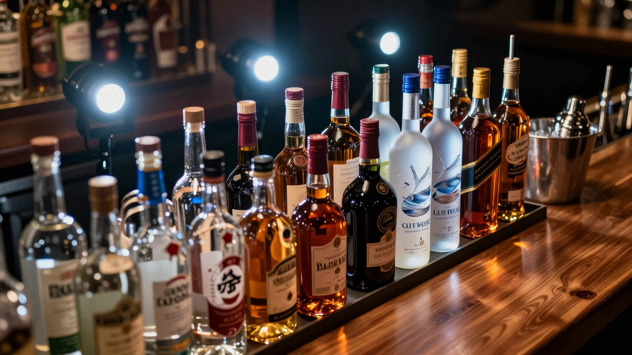 Close-up of standard and premium liquor bottles on a bar counter