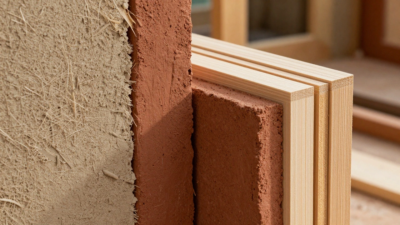Close-up of sustainable building materials: hempcrete, rammed earth, and CLT timber
