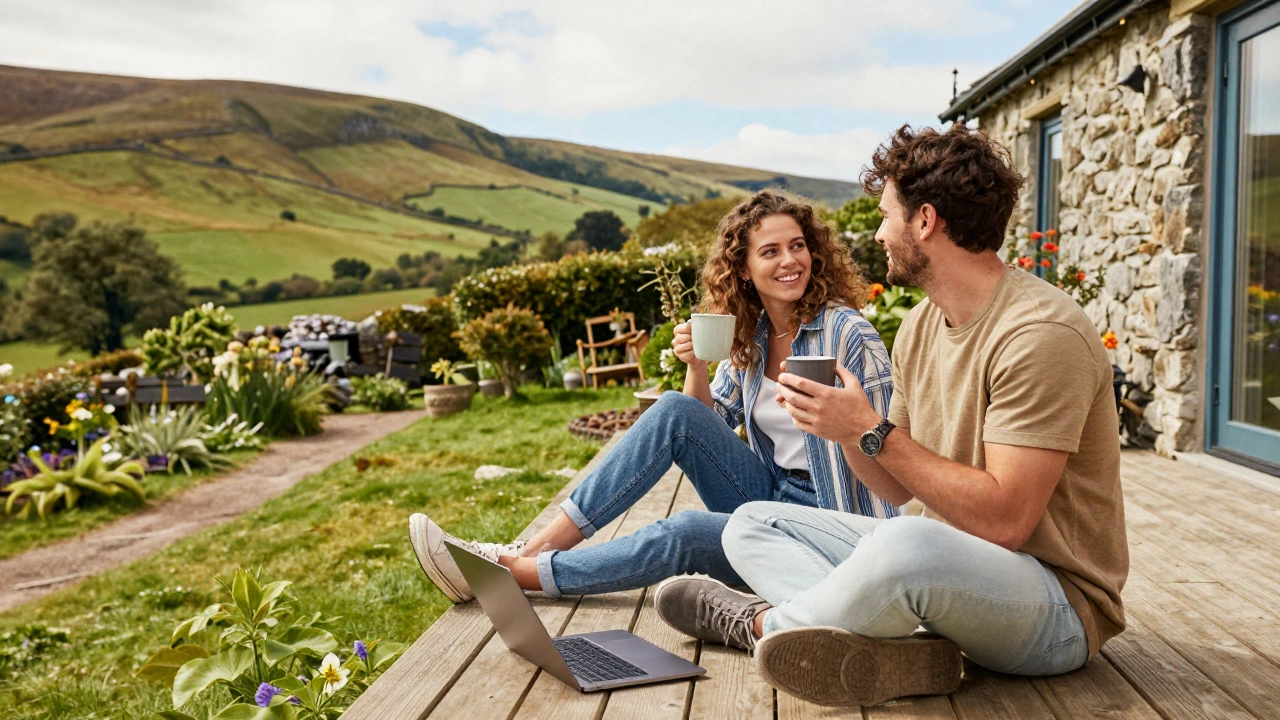 Couple relaxing on cottage deck during weekend getaway