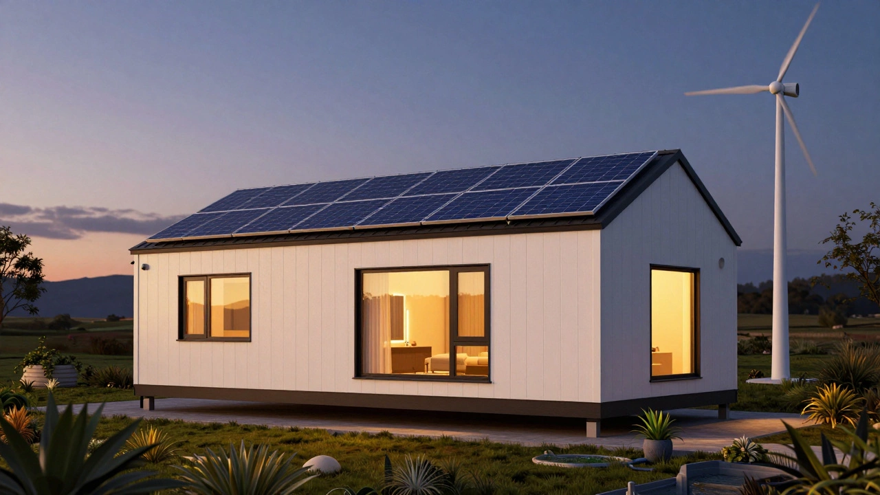 Eco-cottage exterior at dusk featuring solar panels and wind turbine