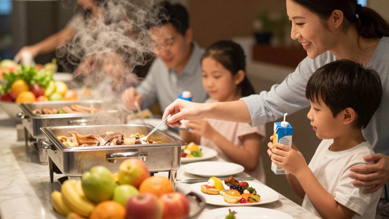 Family enjoying abundant buffet at all-inclusive resort