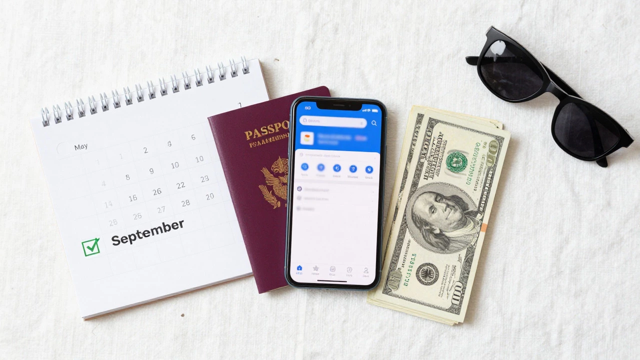 Flat lay of passport, phone, and calendar showing travel savings tips