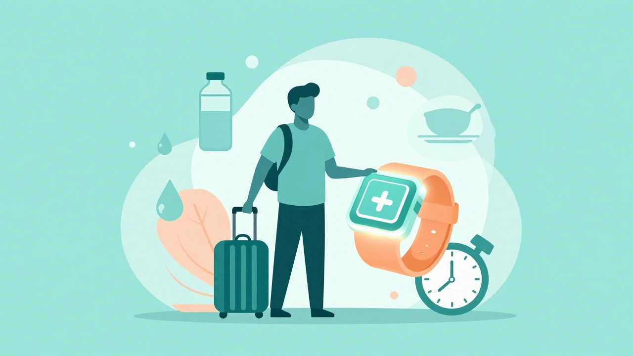 Illustration of a traveler with a wristband and wellness icons