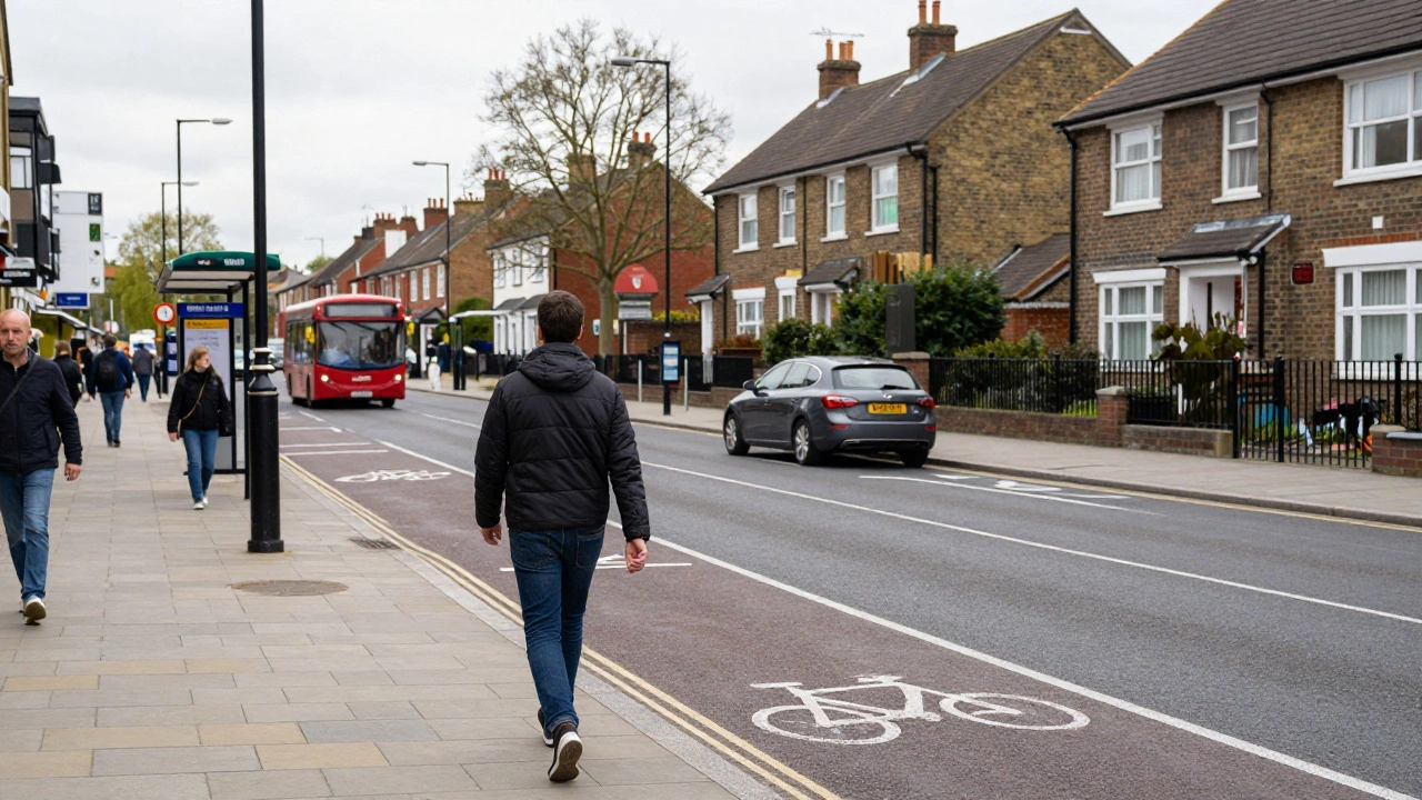 Person walking to city center vs car in remote driveway illustrating transport emissions