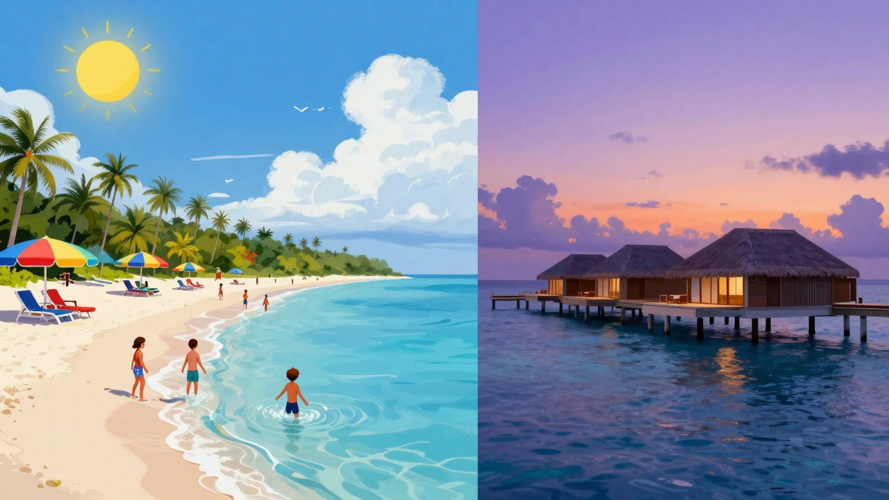 Split image contrasting busy Caribbean beach with luxury Maldives bungalow