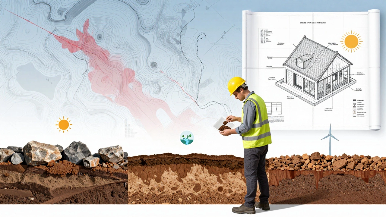 Surveyor analyzing soil and sun path for eco-house site
