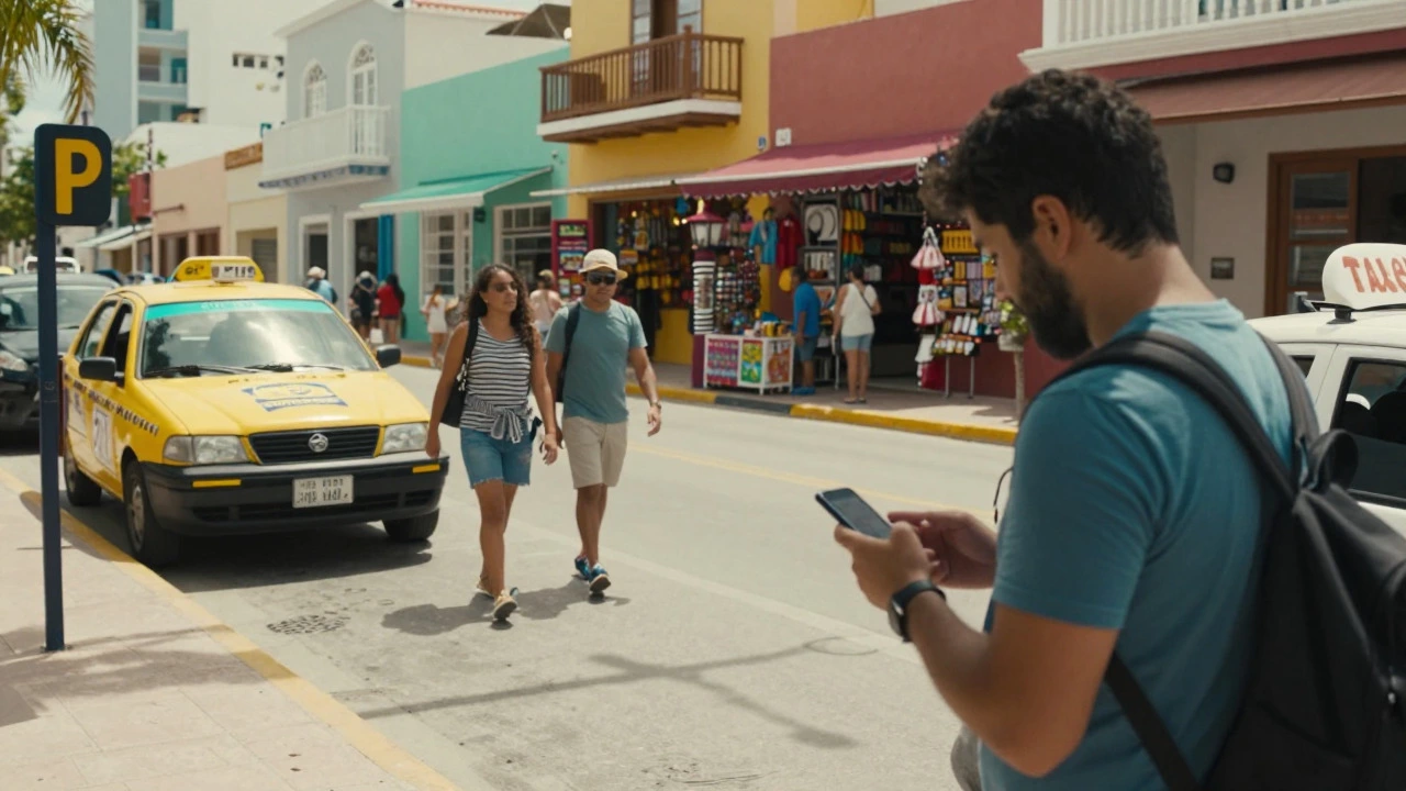 Tourist using ride-share app near taxi stand in vibrant Mexican town