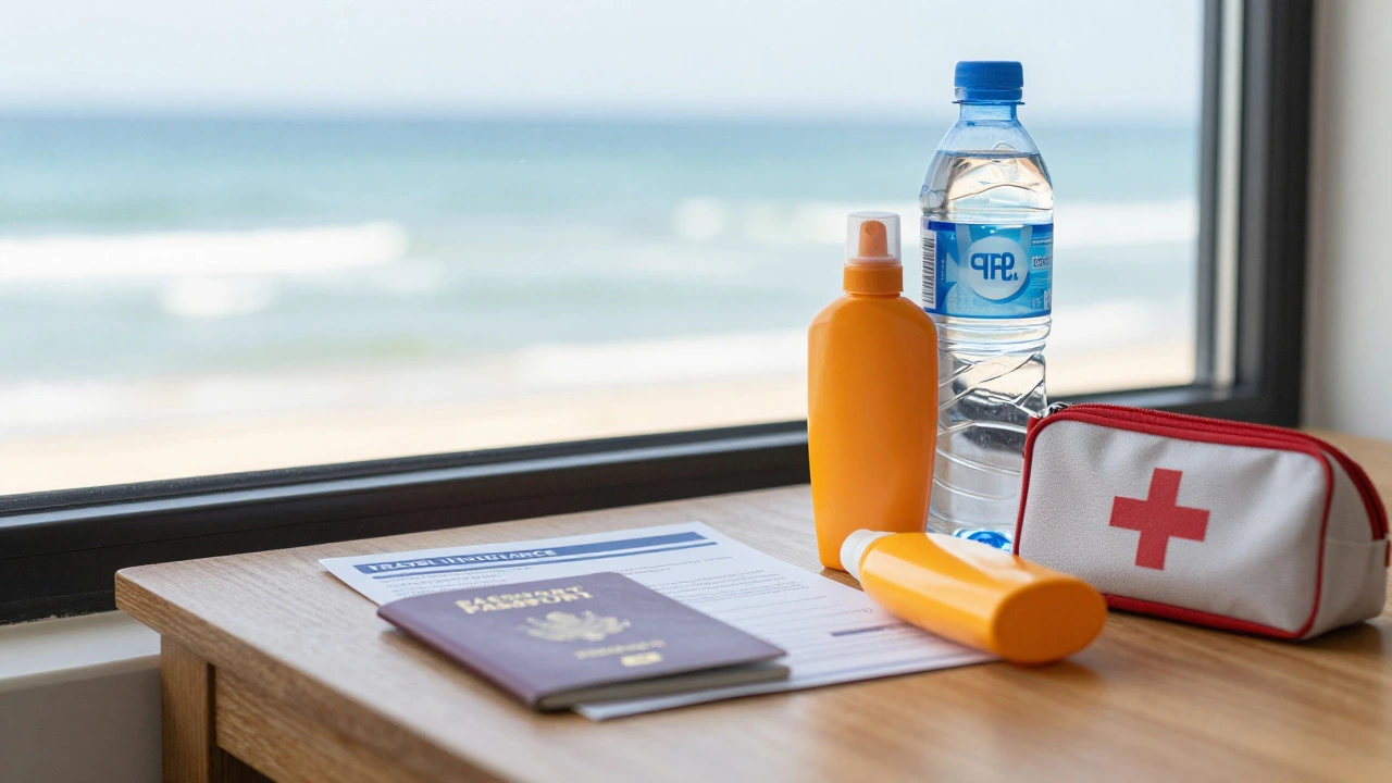 Travel safety essentials like passport and water on table with ocean view