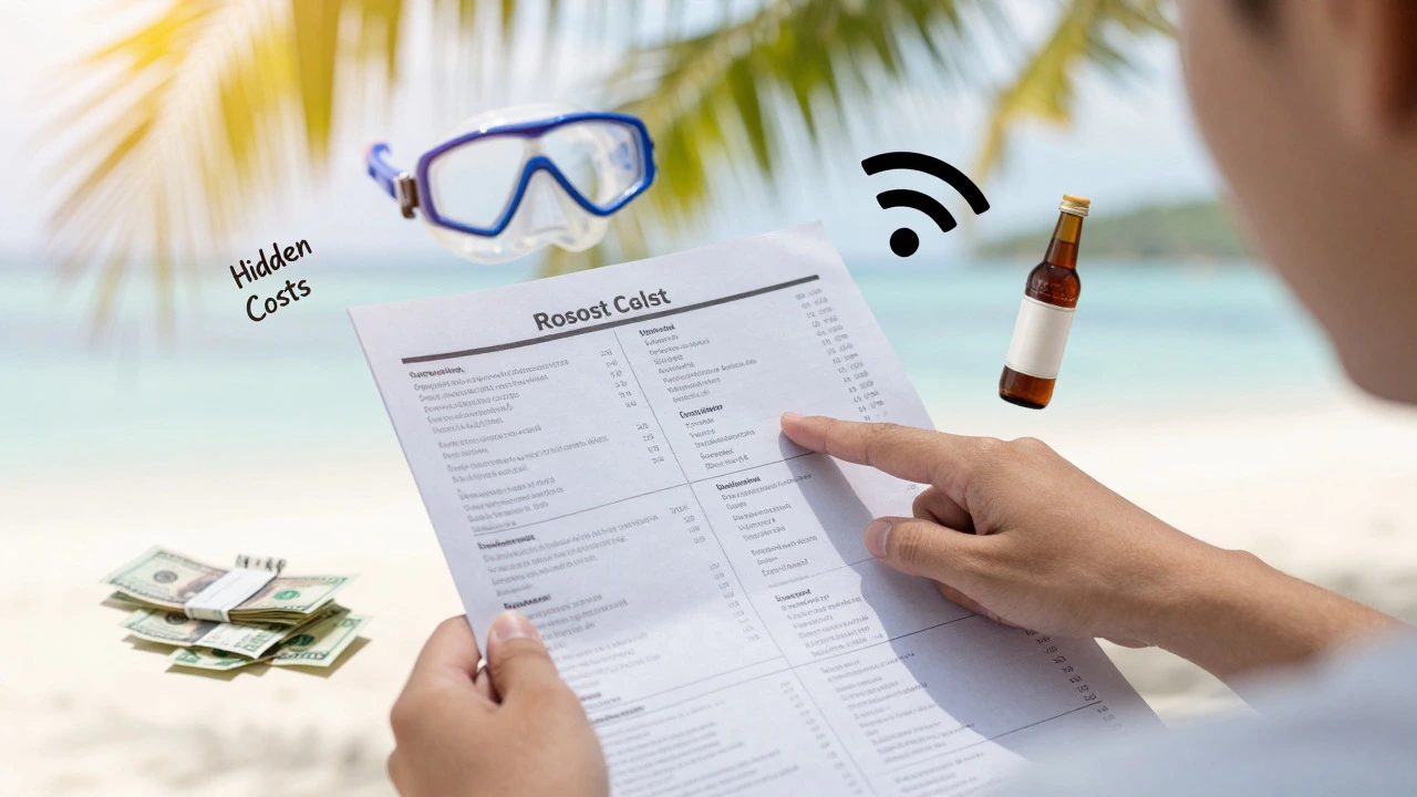 Traveler checking resort map with icons for tips and extra fees